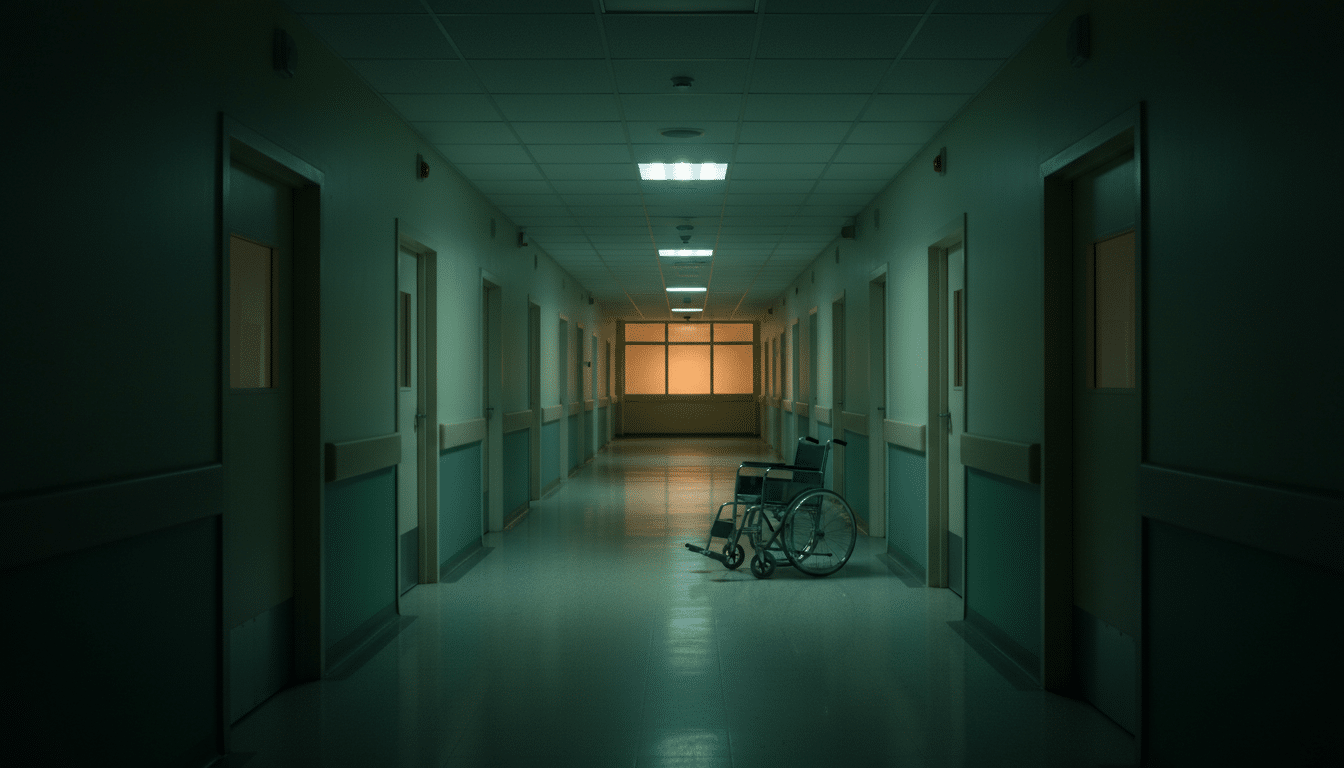 Couloir d'hôpital vide et sombre la nuit