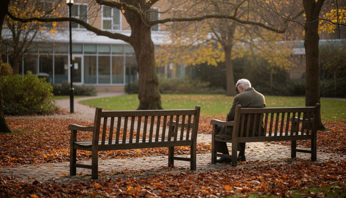 Homme seul assis sur un banc dans un jardin d'hôpital