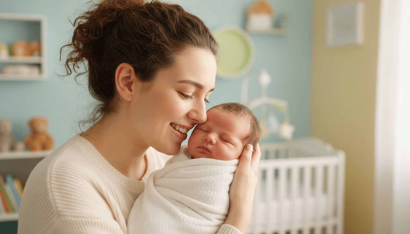 Jeune mère murmurant un prénom à son bébé