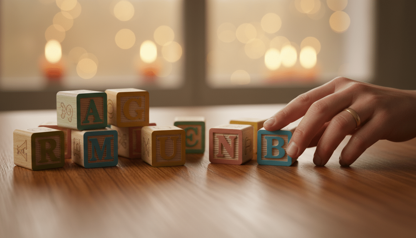 Lettres en bois formant des prénoms sur une table