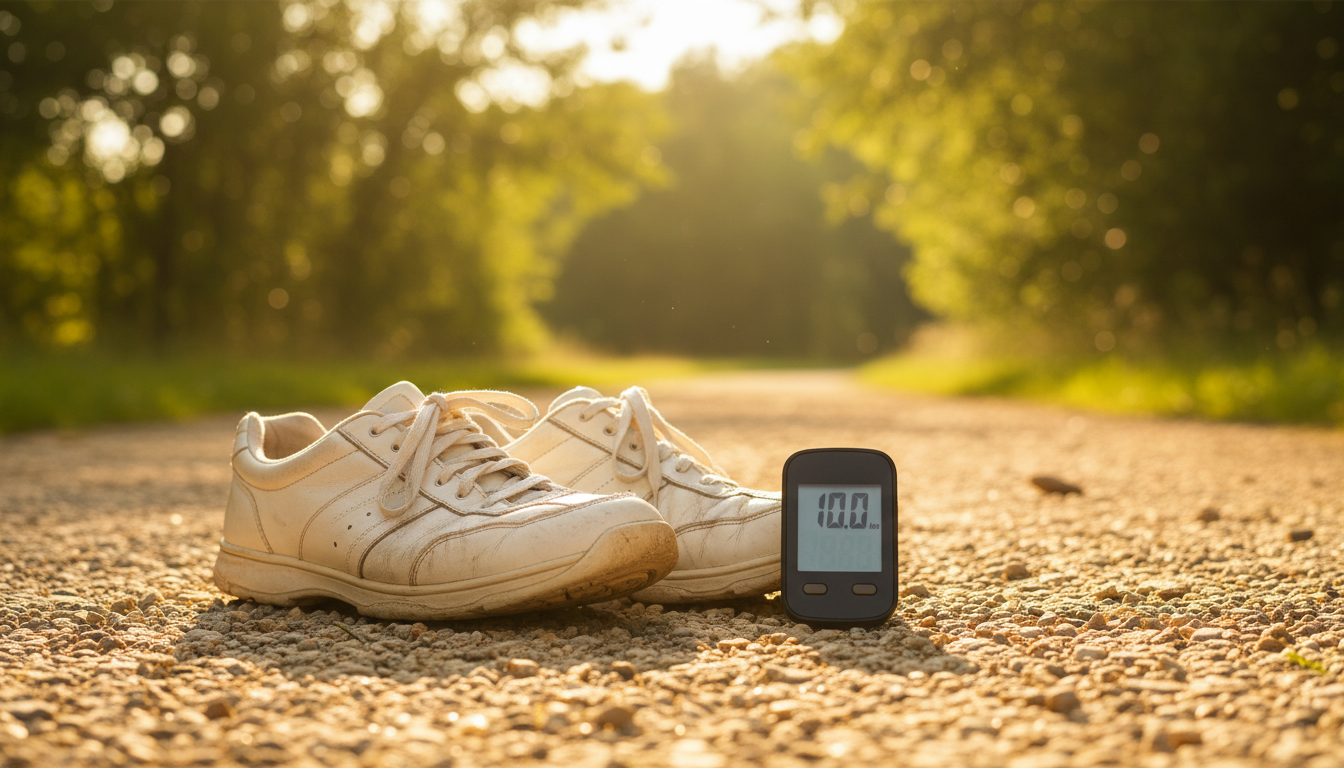 Chaussures de marche usées sur un chemin ensoleillé avec un podomètre affichant 10 kilomètres