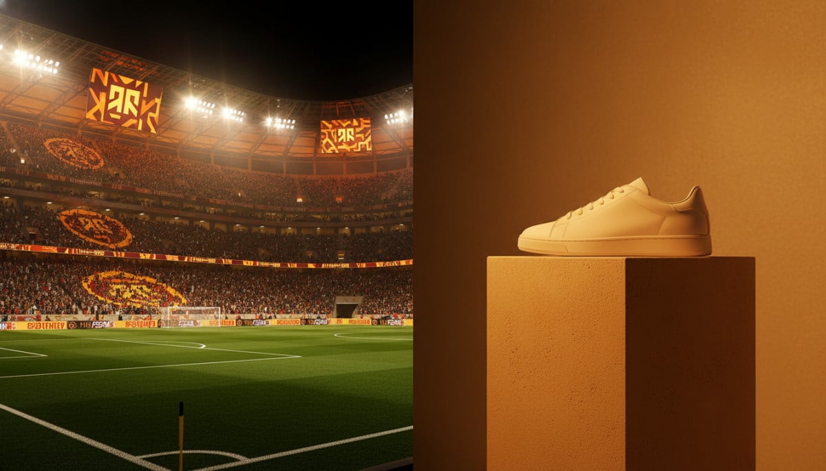 Stade sponsorisé et basket blanche en contraste