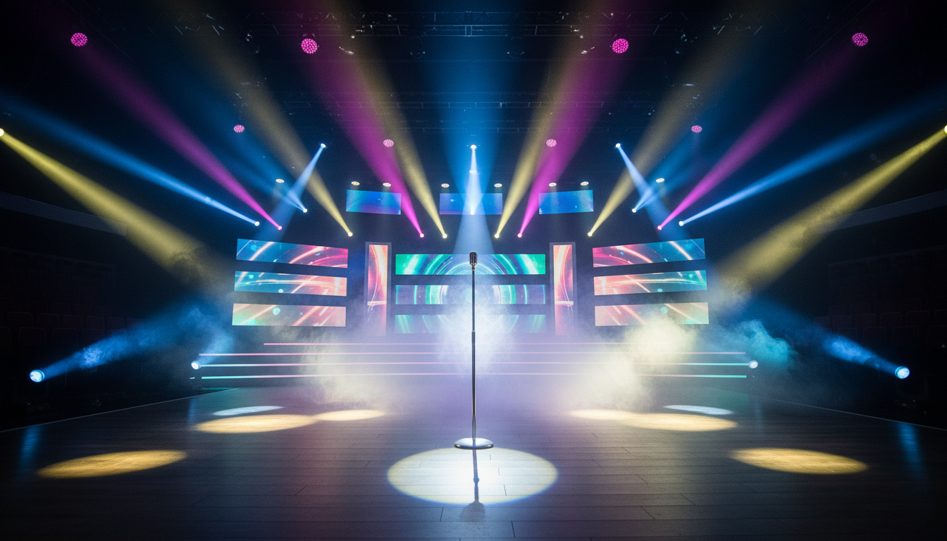 Scène de prime de Star Academy sous les projecteurs colorés