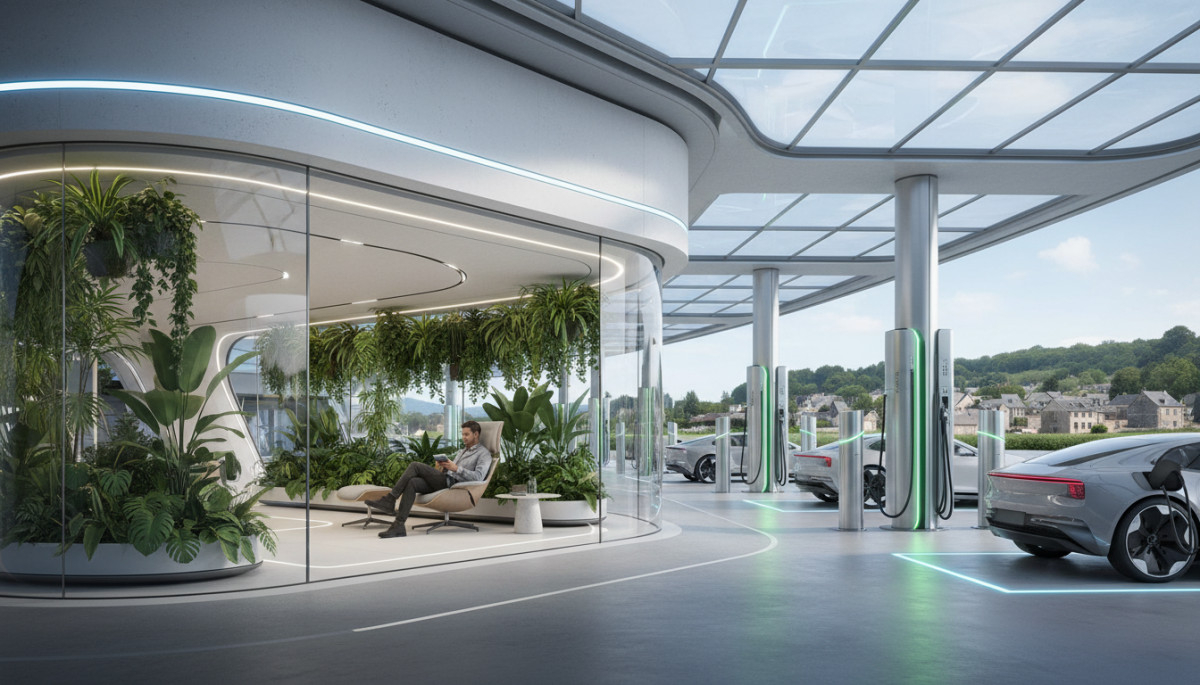 Station-service futuriste, bornes de recharge électrique, espace détente.