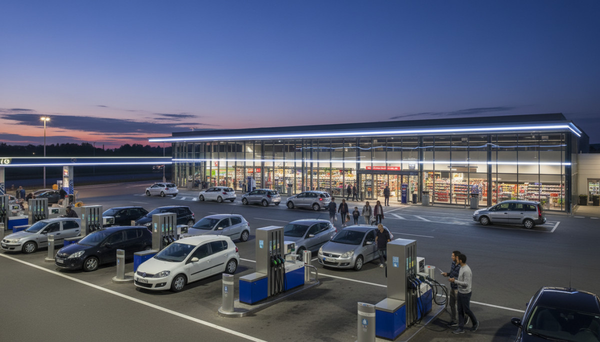Station-service moderne d'autoroute, pompes en libre-service, boutique animée.