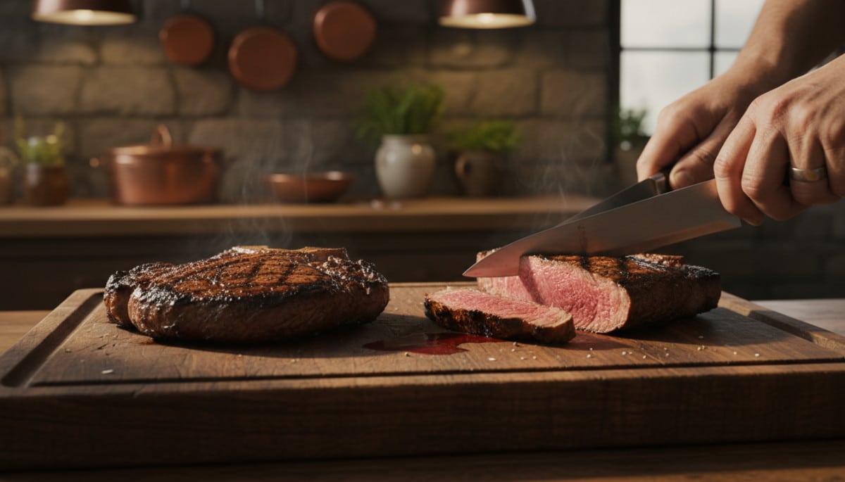 Steak juteux découpé sur une planche en bois