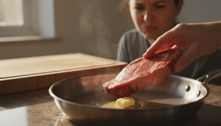Main posant un steak dans une poêle tiède avec du beurre