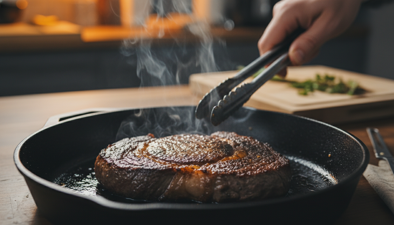 Croûte dorée parfaite sur un steak saisi en poêle fonte