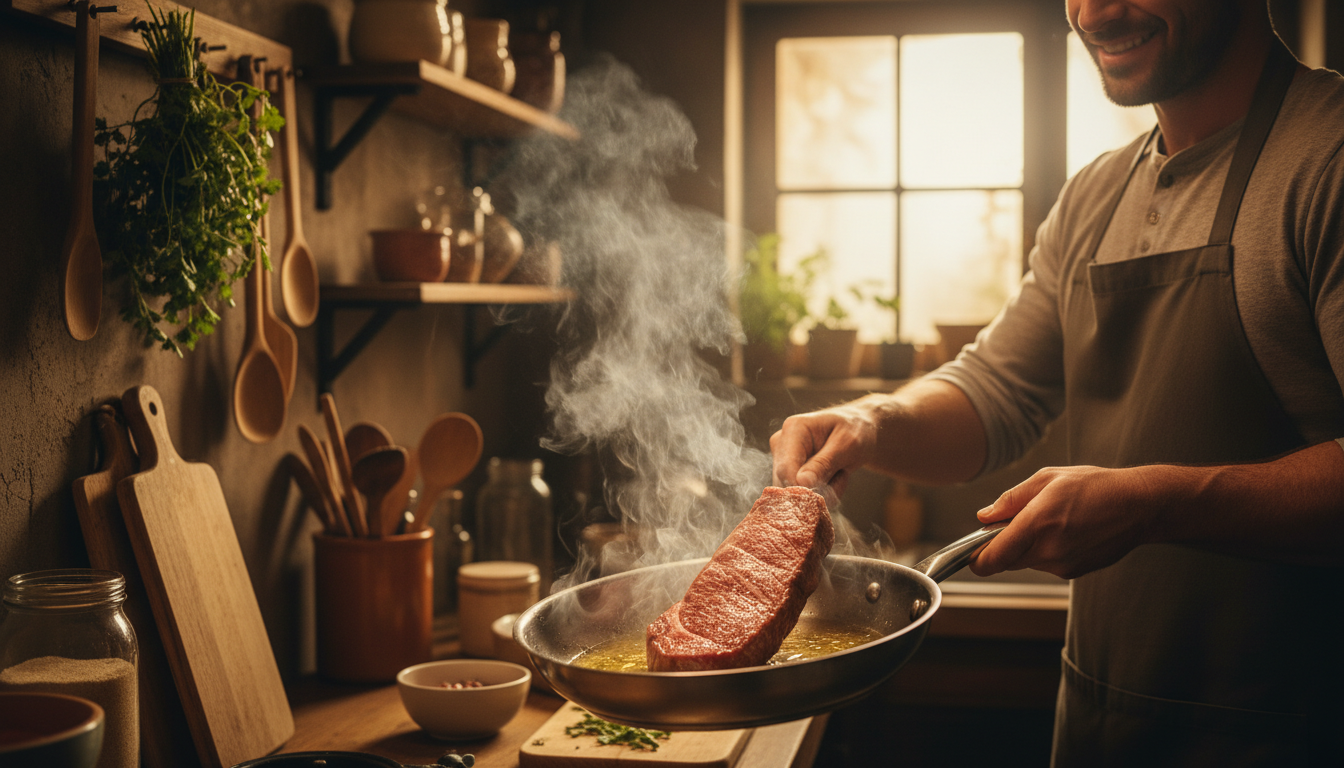Cuisson d'un steak dans une poêle fumante bien chaude