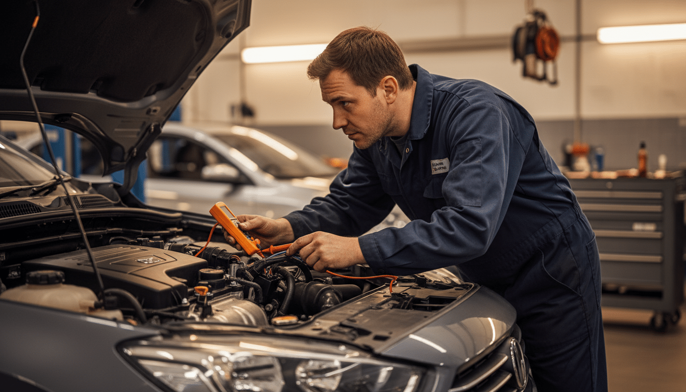 Professional automotive mechanic in blue uniform with focused expression inspecting under the hood of a modern compact car engine, checking electrical components and wiring, warm golden workshop lighting, shallow depth of field, realistic photo style
