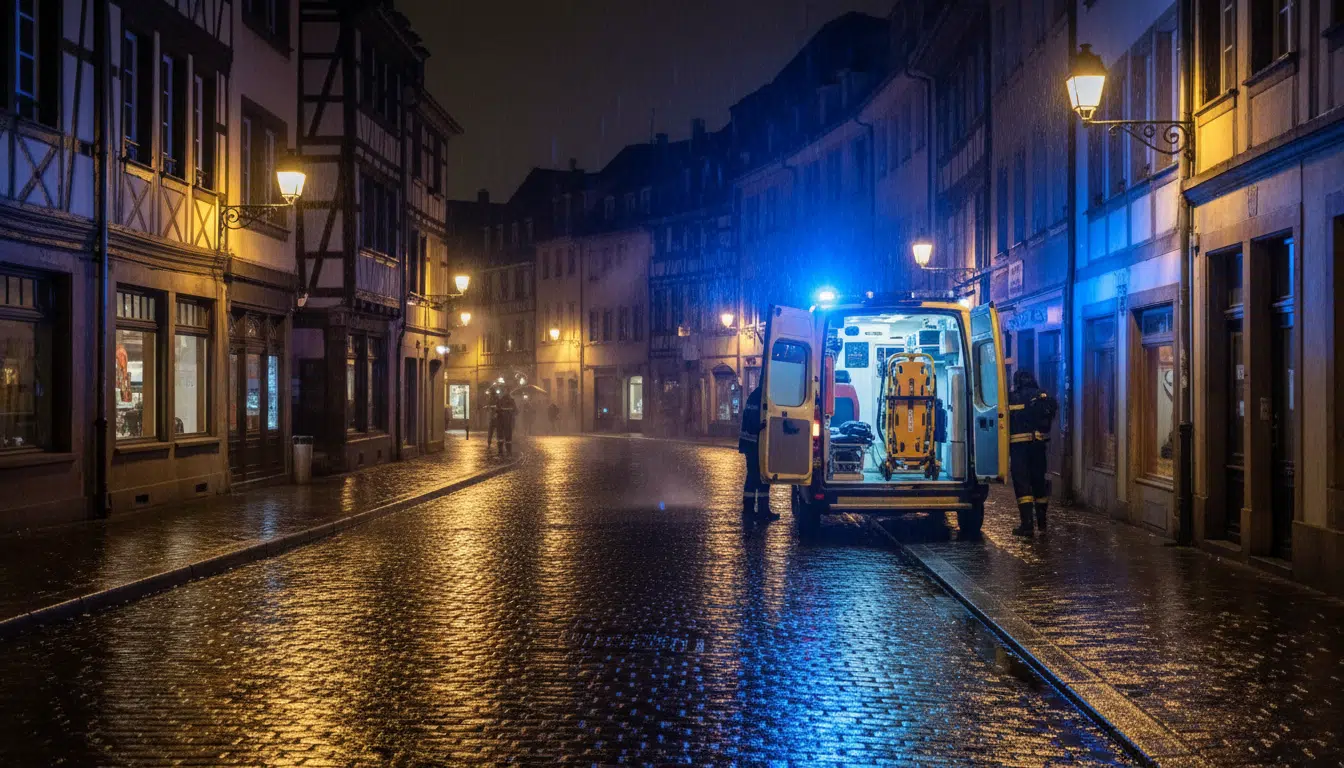 Rue de Strasbourg de nuit avec ambulance et gyrophares