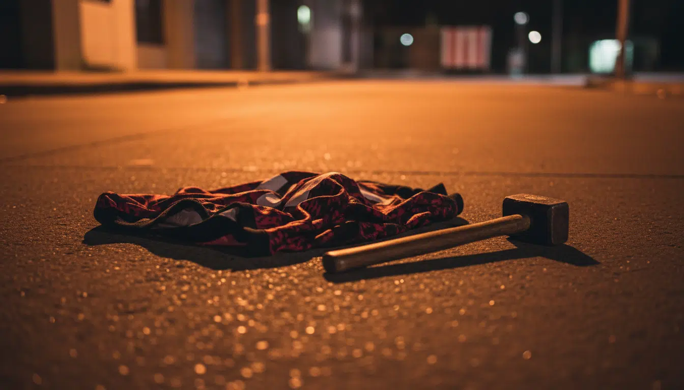 Maillot de foot et marteau abandonnés sur le sol
