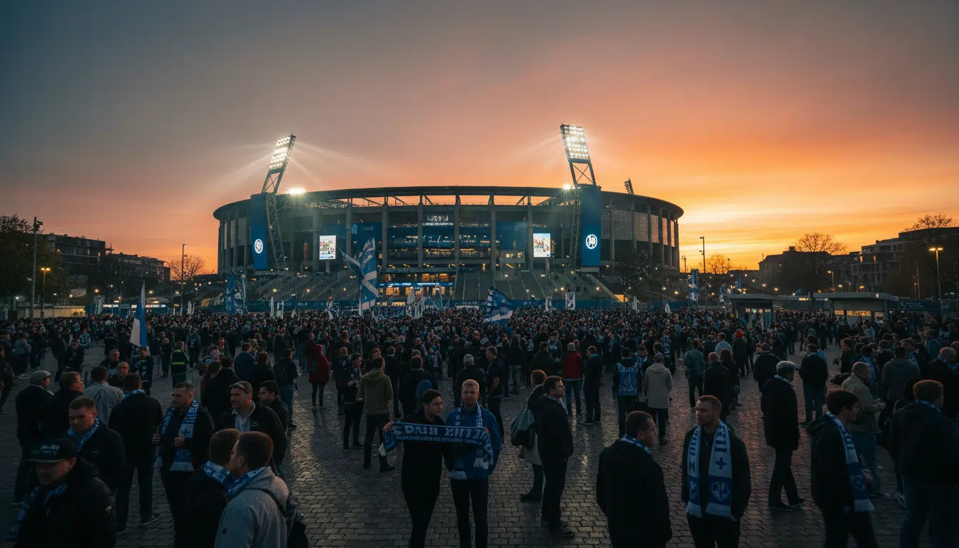 Ambiance de soir de match européen près d'un stade