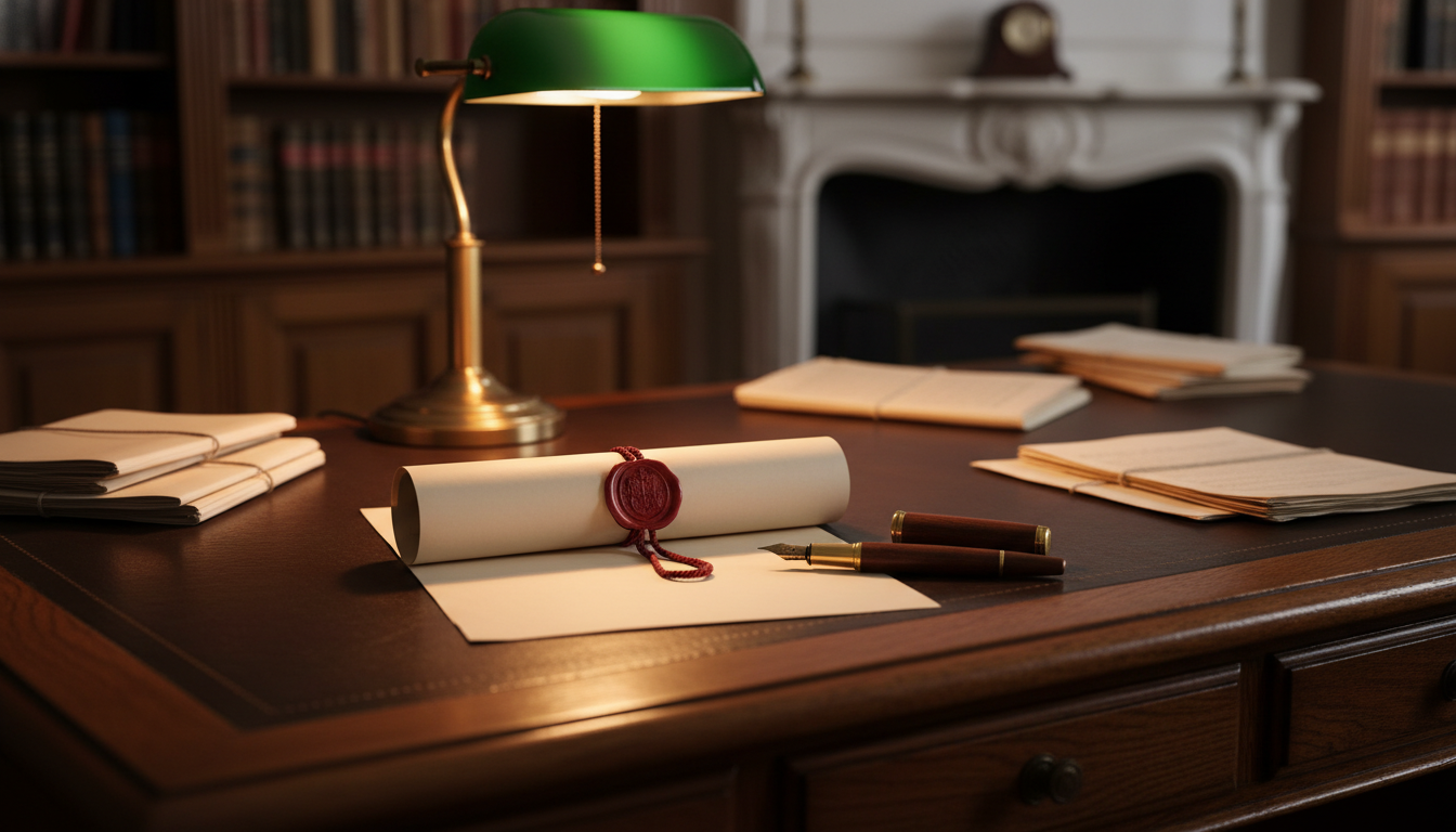 Bureau de notaire français avec un testament officiel cacheté à la cire et un stylo plume, évoquant la succession de Nathalie Baye