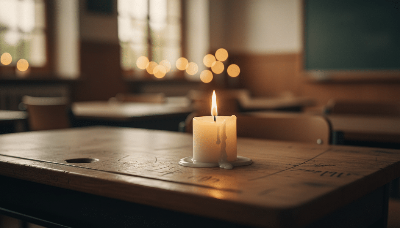 Bougie commémorative posée sur un bureau d'école
