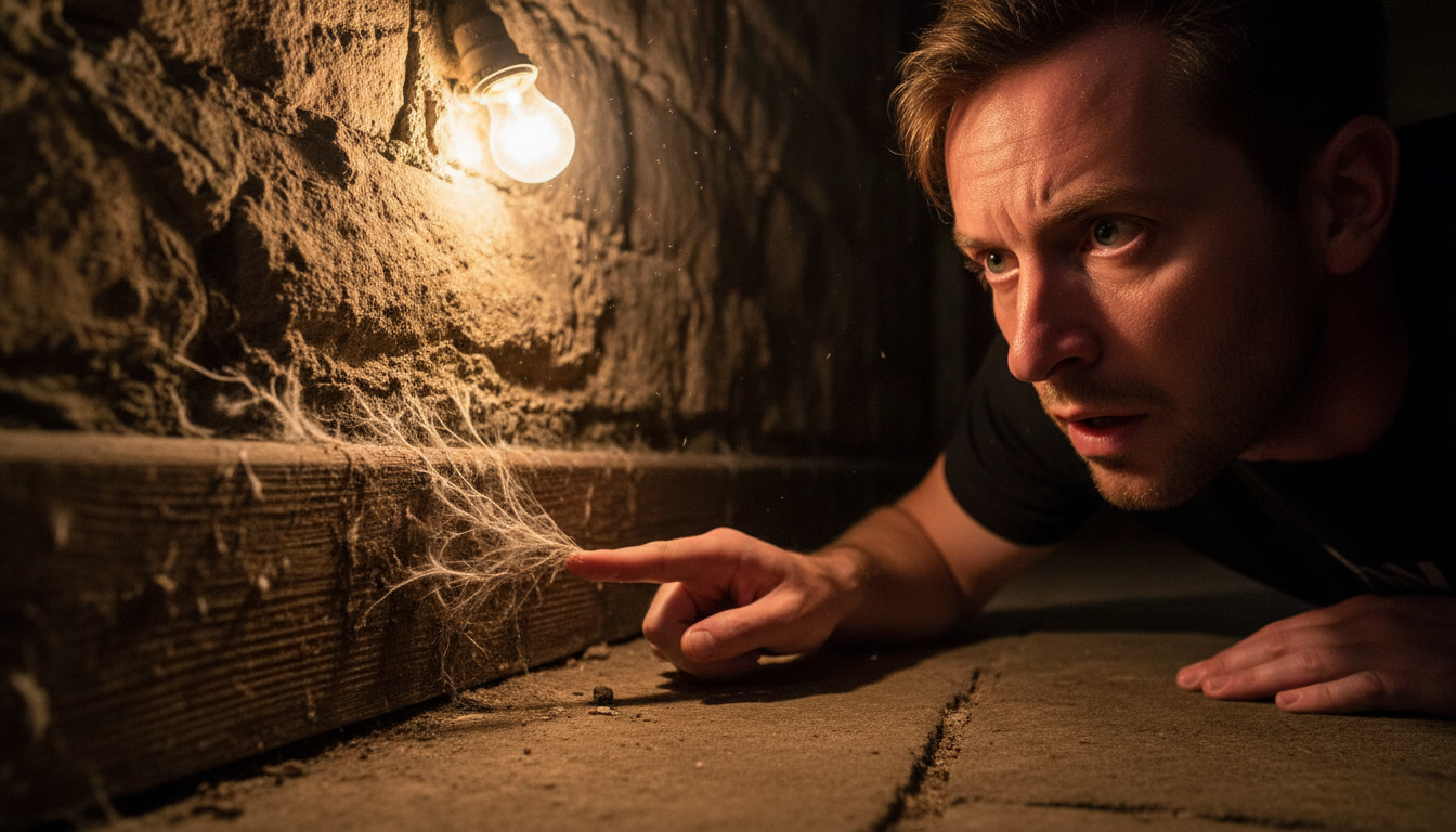 Filaments blancs de mérule sous une plinthe en bois