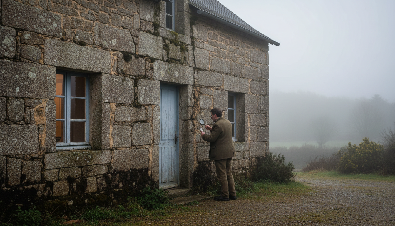 Maison bretonne en pierre avec traces d'humidité
