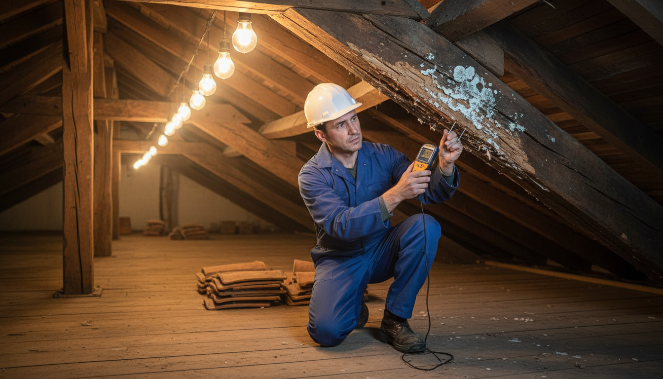 Diagnostiqueur mesurant l'humidité d'une poutre infestée