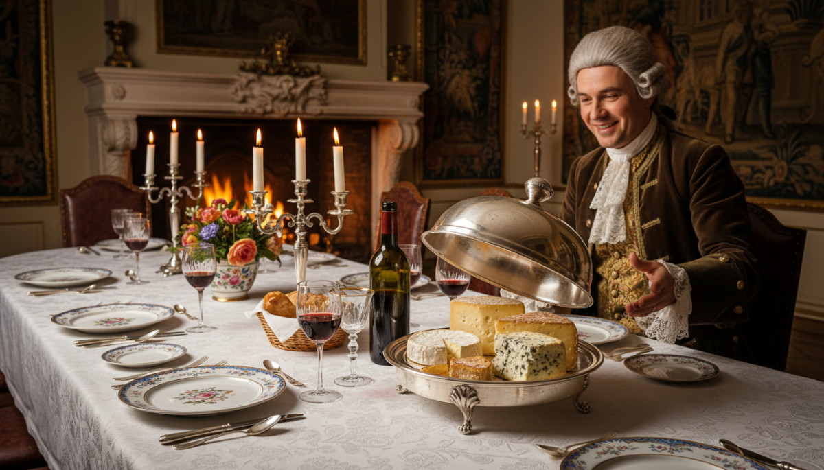 Table française du XVIIIe avec plateau de fromages et vin rouge