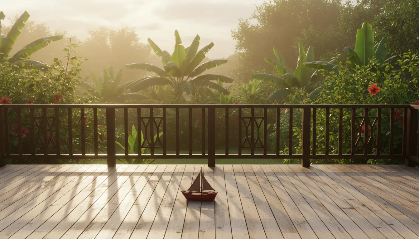 Terrasse d'une maison polynésienne à Tahiti avec un jouet d'enfant
