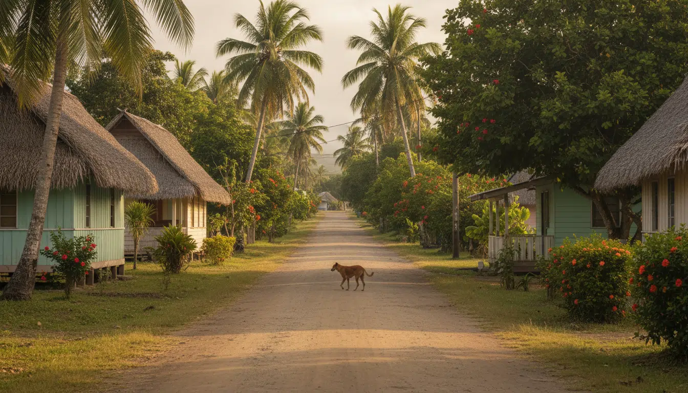 Rue du village de Vairao à Tahiti avec un chien errant