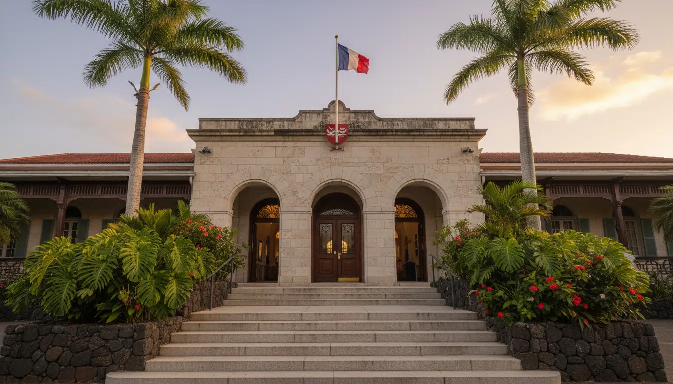 Bâtiment officiel en Polynésie française avec drapeau tricolore