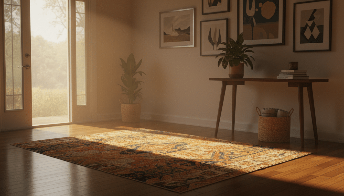 Entrée de maison avec un tapis coloré remplaçant le paillasson