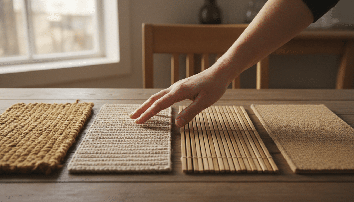 Échantillons de matières naturelles pour tapis : jute, sisal et bambou