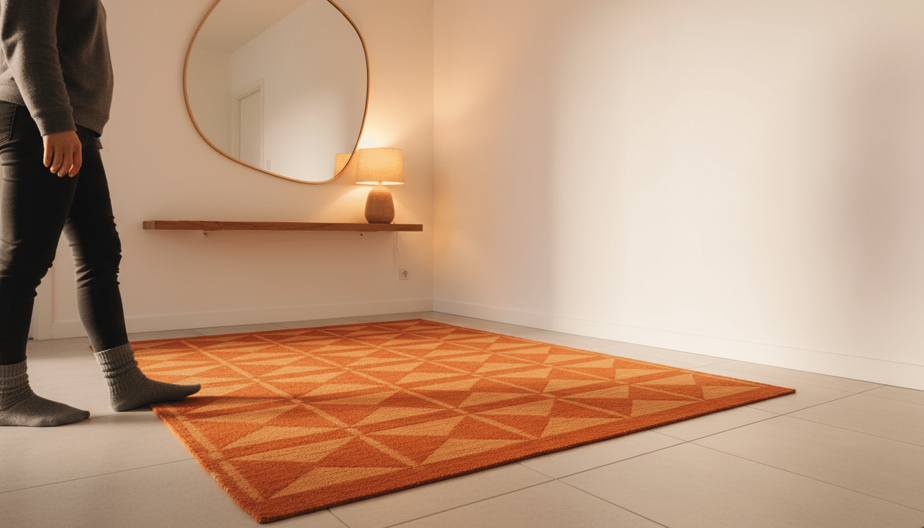 Tapis graphique terracotta dans un couloir moderne avec miroir déco