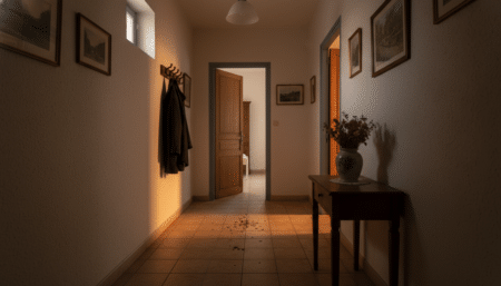 Couloir d'une maison familiale avec traces de sang au sol