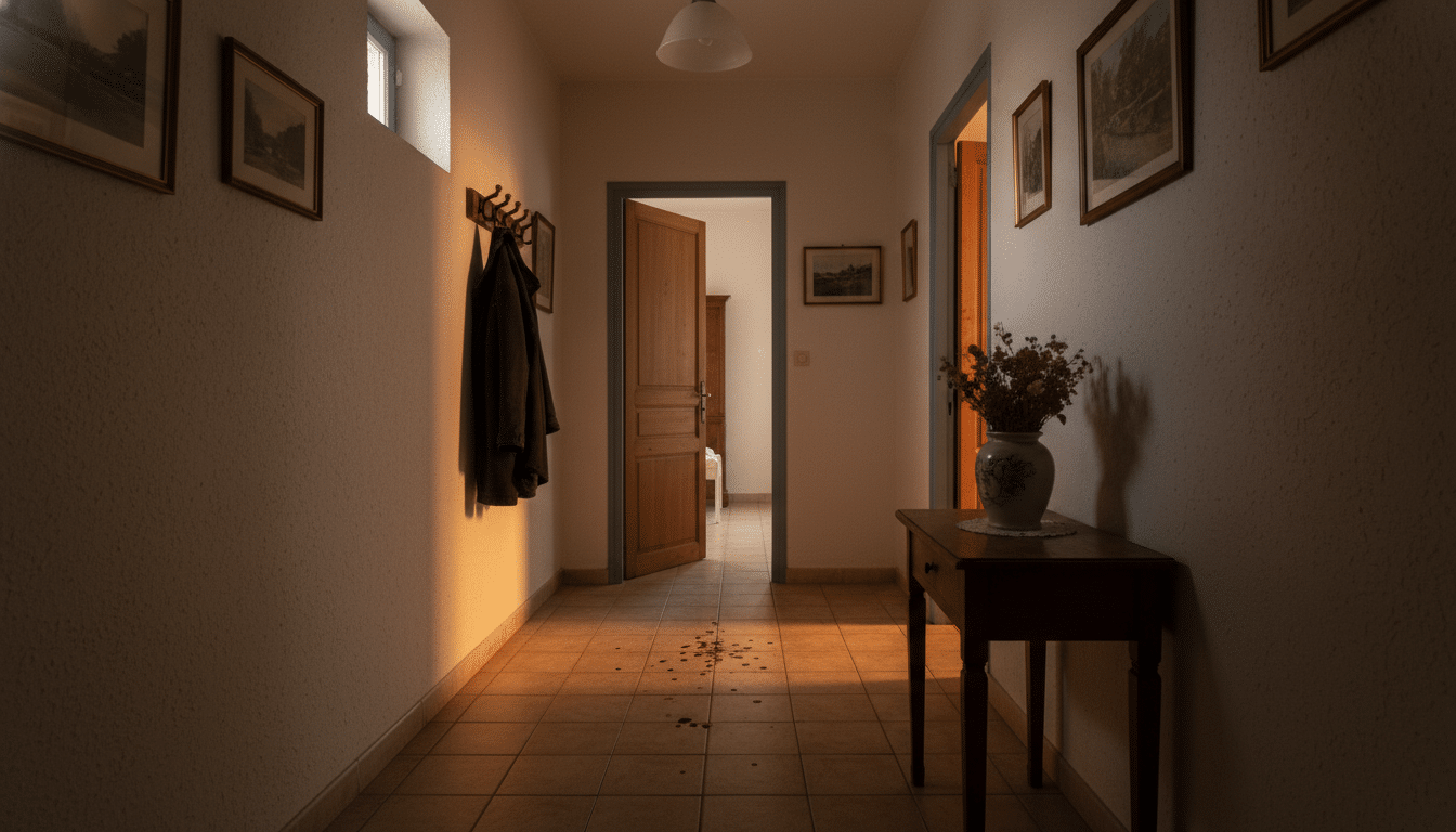 Couloir d'une maison familiale avec traces de sang au sol