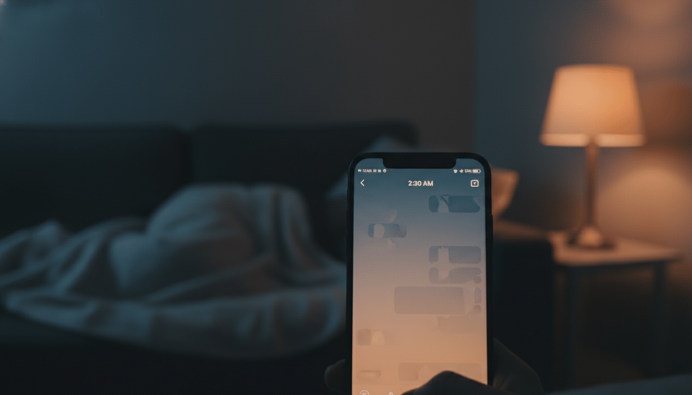 Smartphone affichant une conversation WhatsApp nocturne