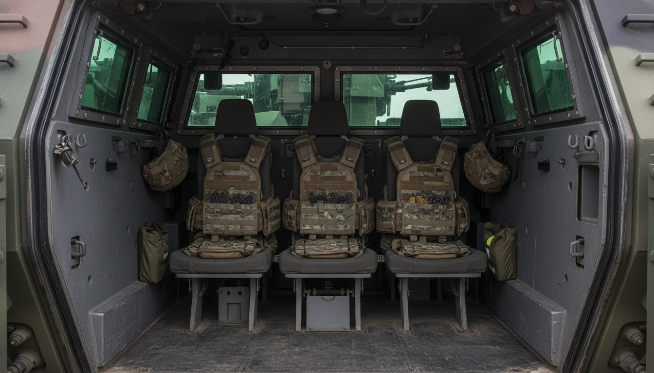 Intérieur d'un véhicule blindé avec gilets pare-balles, comme ceux utilisés lors des missions en Irak
