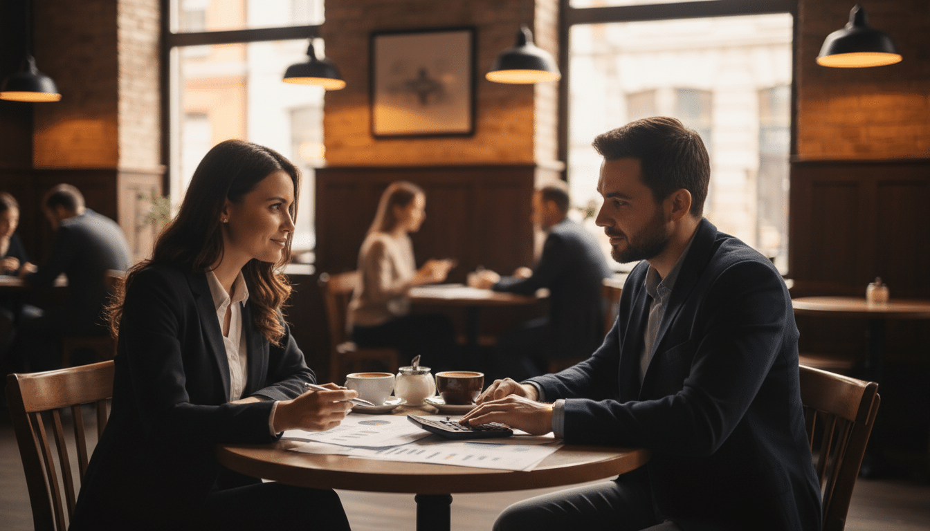 Discussion financière sereine entre deux personnes au café