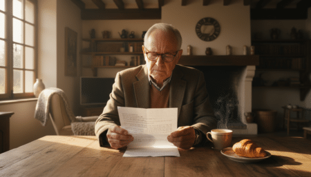 Retraité lisant son avis de taxe foncière à la maison