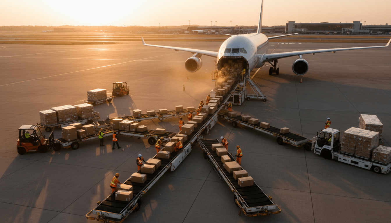 Avion cargo déchargé de milliers de petits colis sur un tarmac