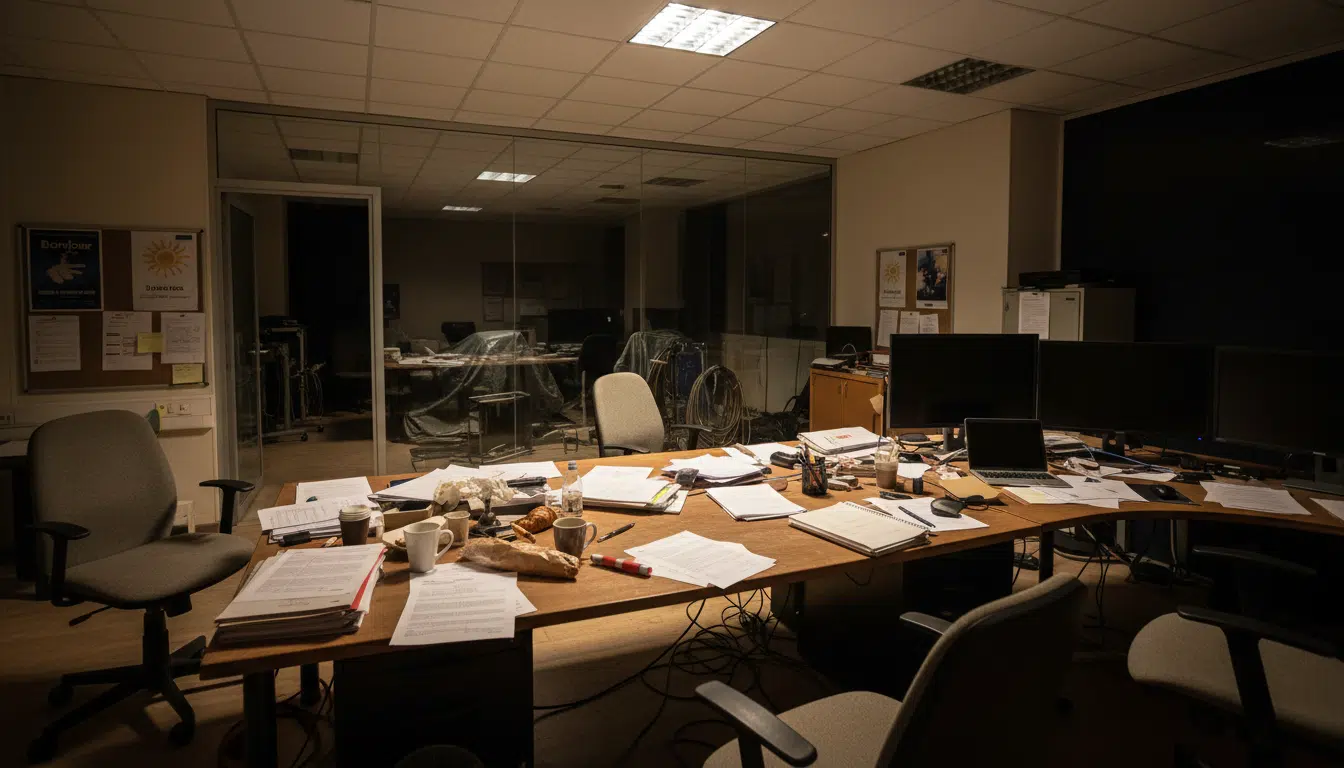 Bureau de production d'une émission de télévision matinale vide, avec des notes éparpillées sur un bureau