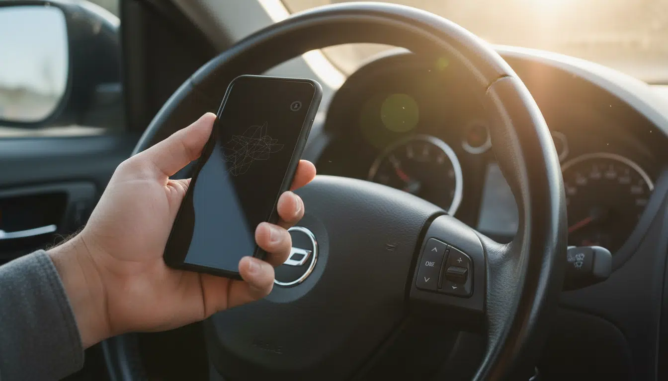 Conducteur tenant un smartphone au volant de sa voiture