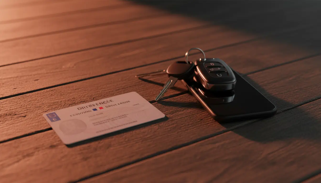 Permis de conduire posé à côté de clés de voiture et téléphone