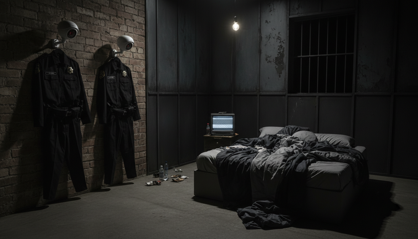 Plateau de téléréalité sombre avec caméras de surveillance et lit défait