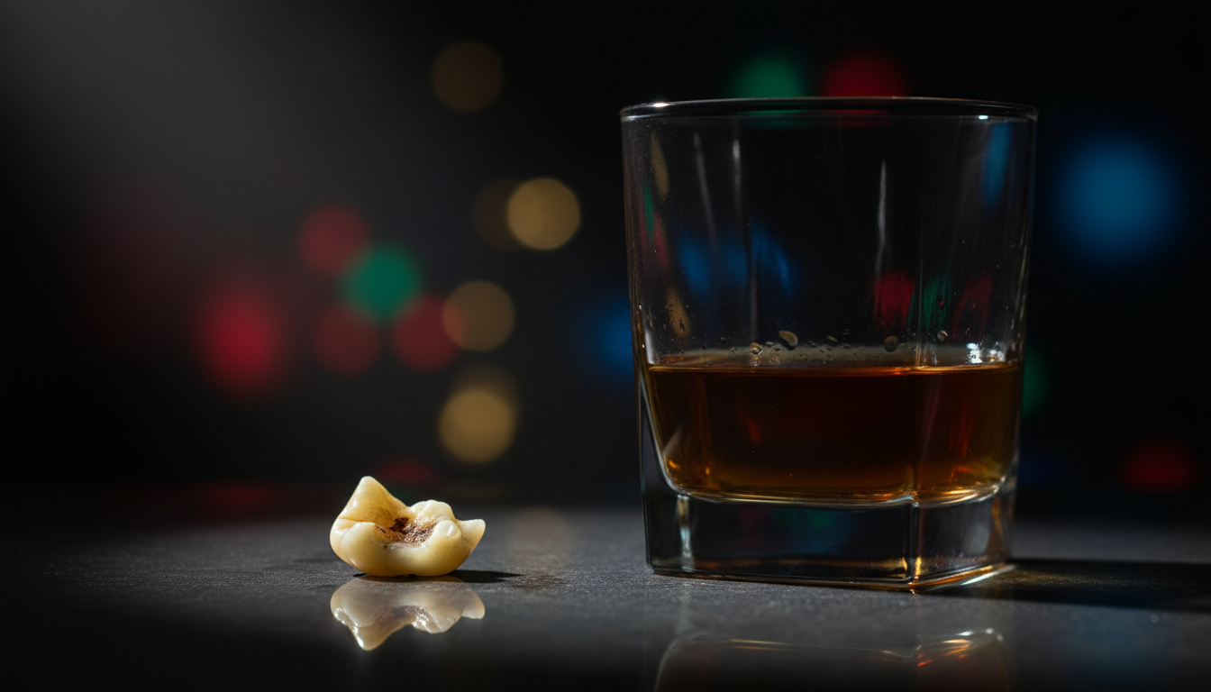 Dent cassée et verre d'alcool évoquant la violence survenue en coulisses de l'émission