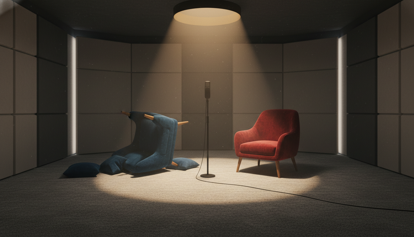 Chaises vides et renversées dans un confessionnal de téléréalité après une altercation