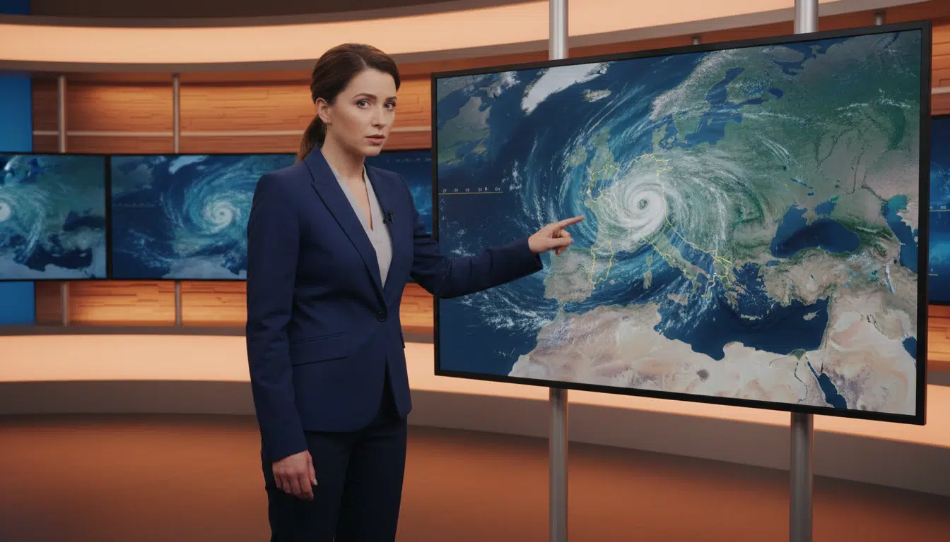 Météorologue pointant une carte de tempête méditerranéenne