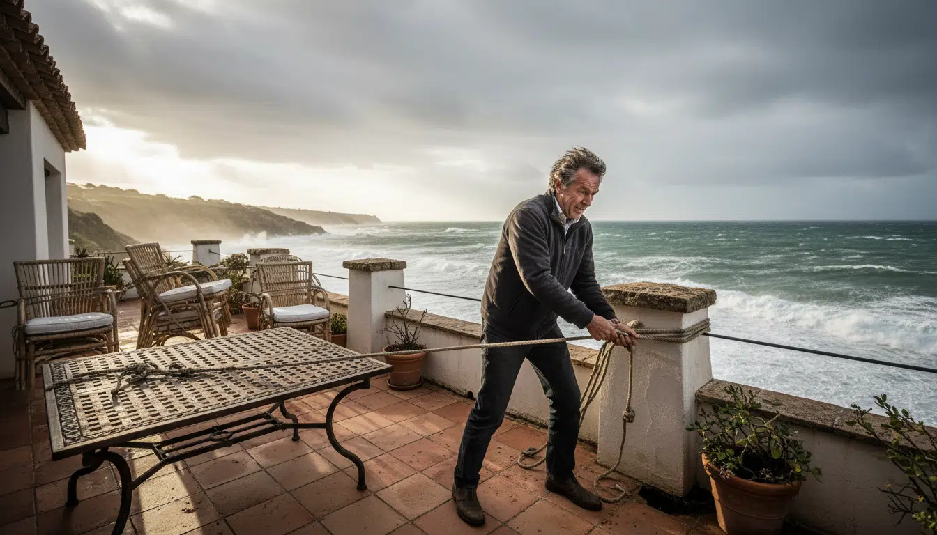 Homme sécurisant sa terrasse face aux vents violents