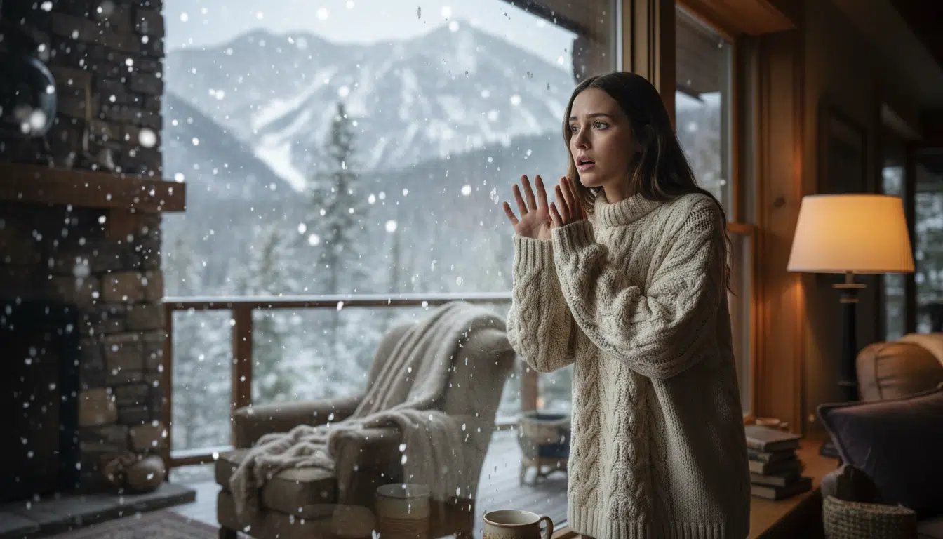 Femme surprise par la neige en montagne depuis sa fenêtre