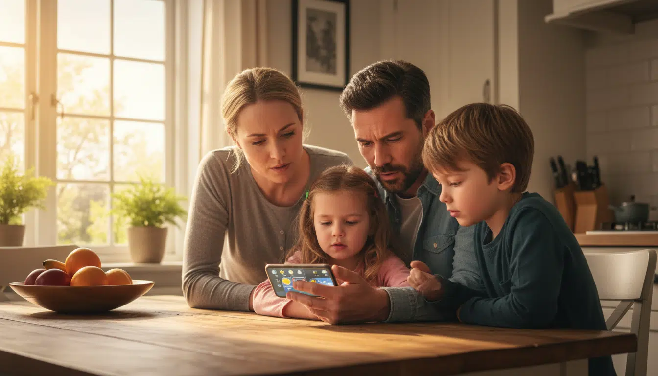 Famille consultant la météo sur smartphone
