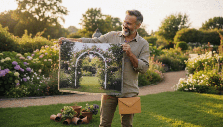 Homme surpris tenant un tissu imprimé arche de jardin Temu