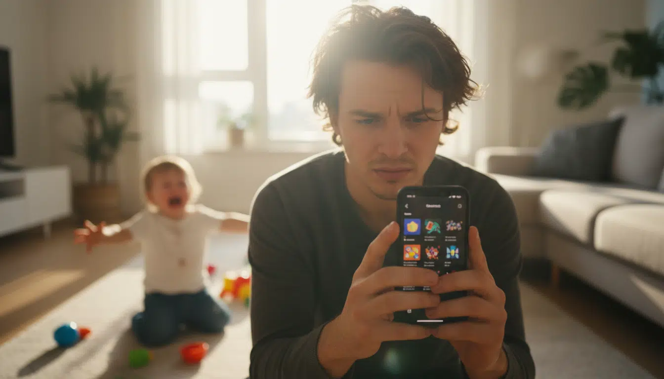 Parent stressé regardant une vidéo TikTok pendant que son enfant pleure