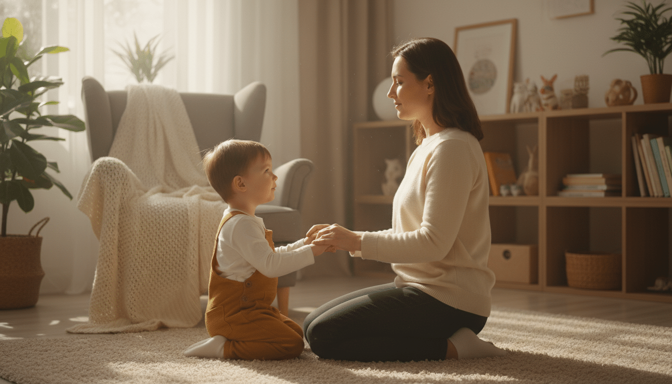 Mère à hauteur de son enfant pour un moment d'écoute bienveillant