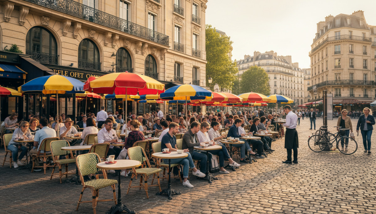 Terrasse animée d'un café français avec clients et expressos